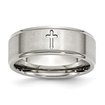 Stainless Steel Ridged Edge Cross 8mm Brushed and Polished Band - Birthstone Company