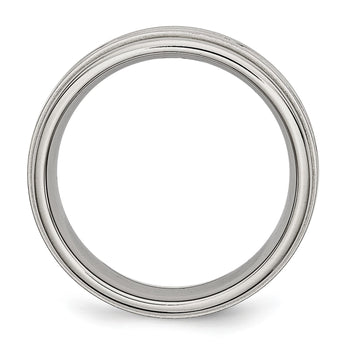Stainless Steel Polished/Brushed Criss-cross Design 7mm Ridged Edge Band - Birthstone Company
