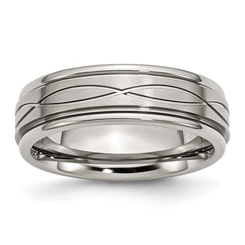 Stainless Steel Polished/Brushed Criss-cross Design 7mm Ridged Edge Band - Birthstone Company