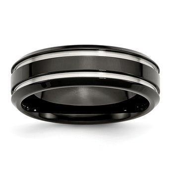 Stainless Steel Black Wedding Band with Grooved Polished Finish Engravable - 9.5