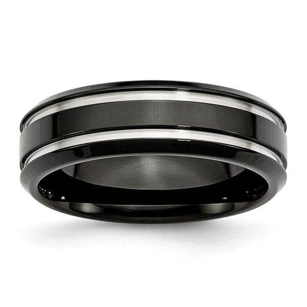 Stainless Steel Black Wedding Band with Grooved Polished Finish Engravable - 9.5