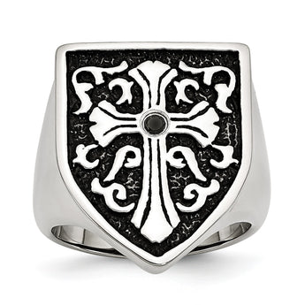 Stainless Steel Cross WithBlack Diamond Antiqued Shield Ring - Birthstone Company