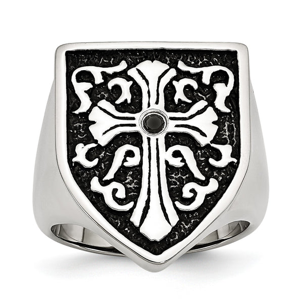 Stainless Steel Cross WithBlack Diamond Antiqued Shield Ring - Birthstone Company