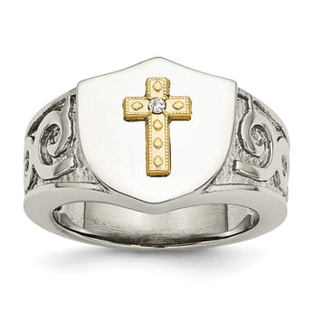 Stainless Steel Polished with 10K Gold Cross and .02 Carat Diamond Ring - Birthstone Company