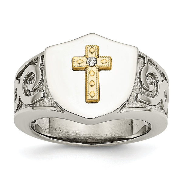 Stainless Steel Polished with 10K Gold Cross and .02 Carat Diamond Ring - Birthstone Company