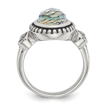 Stainless Steel Polished and Antiqued Imitation Abalone and CZ Ring - Birthstone Company