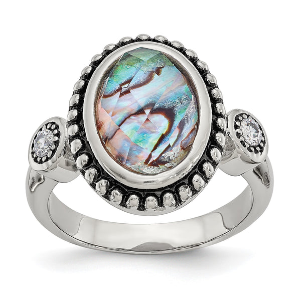 Stainless Steel Polished and Antiqued Imitation Abalone and CZ Ring - Birthstone Company