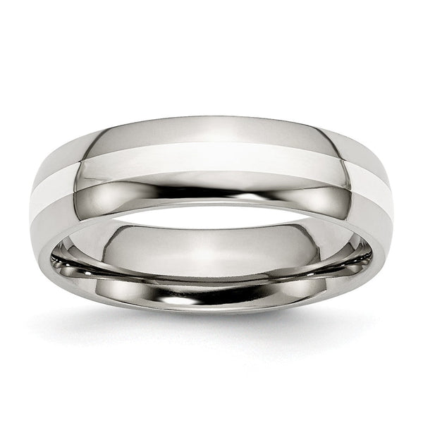 Stainless Steel Wedding Band with Sterling Silver Inlay Polished Finish - 7