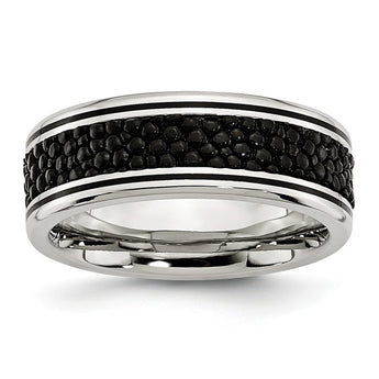 Stainless Steel Polished Grooved/Genuine Stingray Textured 8mm Ring - Birthstone Company