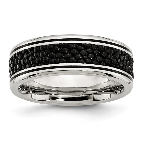 Stainless Steel Polished Grooved/Genuine Stingray Textured 8mm Ring - Birthstone Company