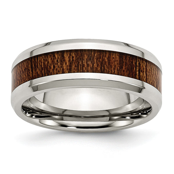 Stainless Steel Polished Brown Wood Inlay Enameled 8.00mm Ring - Birthstone Company