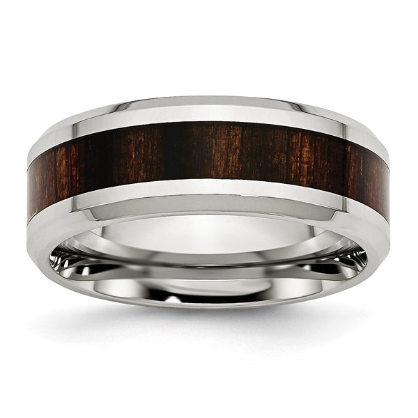 Stainless Steel Polished Black Wood Inlay Enameled 8.00mm Ring - Birthstone Company