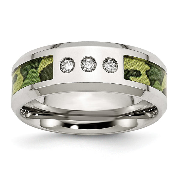 Stainless Steel Wedding Band with Camouflage Enamel and Diamonds - Birthstone Company