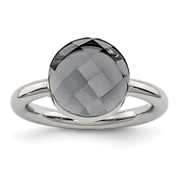 Stainless Steel Polished Grey Glass Ring - Birthstone Company