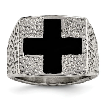 Stainless Steel Textured Black Enameled Cross Ring - Birthstone Company