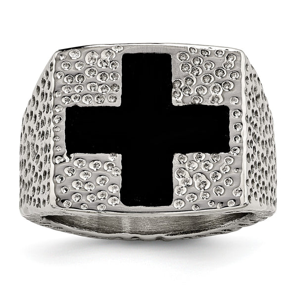 Stainless Steel Textured Black Enameled Cross Ring - Birthstone Company