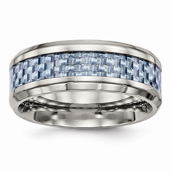 Stainless Steel Wedding Band with Polished Blue Carbon Fiber Inlay - 11