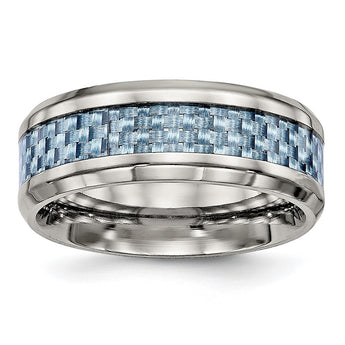 Stainless Steel Wedding Band with Polished Blue Carbon Fiber Inlay, Size 11 - Birthstone Company