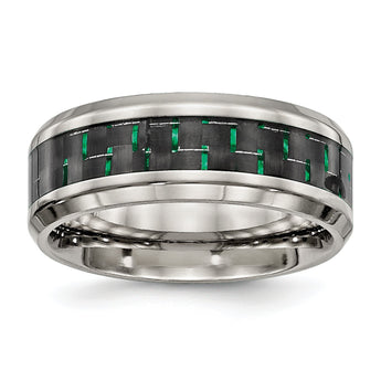 Stainless Steel Polished Black/Green Carbon Fiber Inlay Ring - Birthstone Company