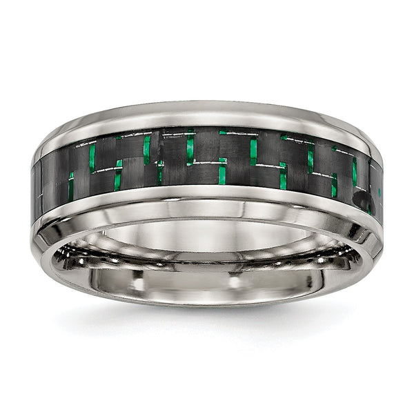Stainless Steel Polished Black/Green Carbon Fiber Inlay Ring - Birthstone Company