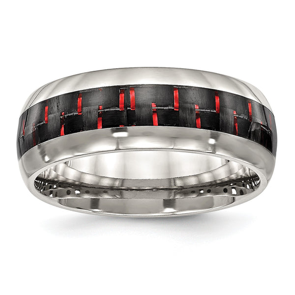 Stainless Steel Polished Black/Red Carbon Fiber Inlay Ring - Birthstone Company