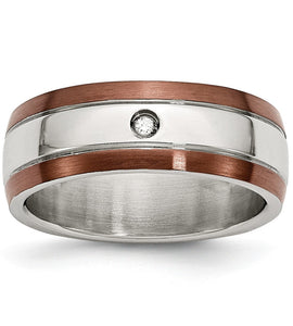 Diamond Wedding Band in Stainless Steel with Brown IP Edge, 8mm