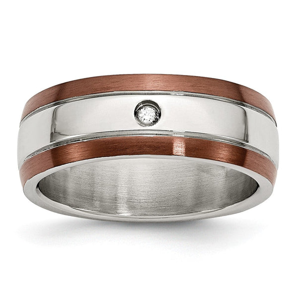 Diamond Wedding Band in Stainless Steel with Brown IP Edge, 8mm