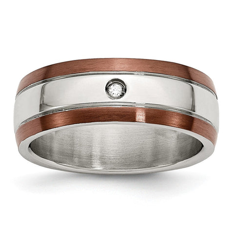 Diamond Wedding Band in Stainless Steel with Brown IP Edge, 8mm