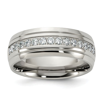 Stainless Steel Polished Half Round Grooved CZ Ring - Birthstone Company