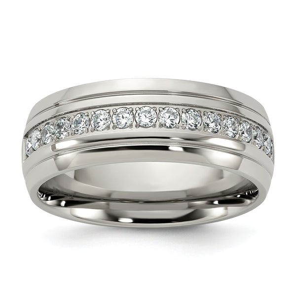 Stainless Steel Polished Half Round Grooved CZ Ring - Birthstone Company