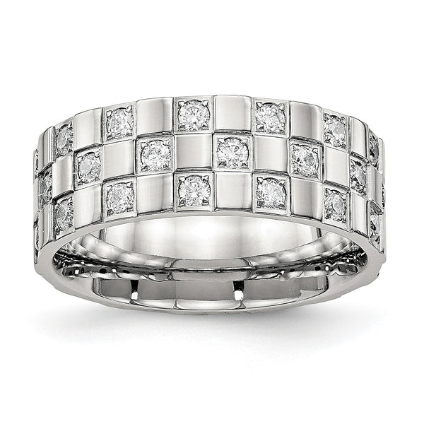 Stainless Steel Polished Checkered Board CZ Ring - Birthstone Company