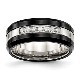 Stainless Steel Polished Black Ceramic CZ Beveled Edge Ring - Birthstone Company
