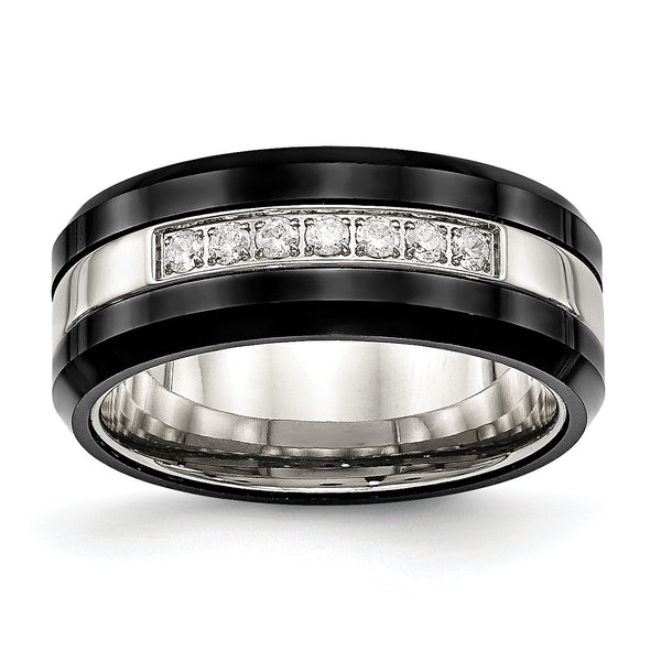 Stainless Steel Polished Black Ceramic CZ Beveled Edge Ring - Birthstone Company