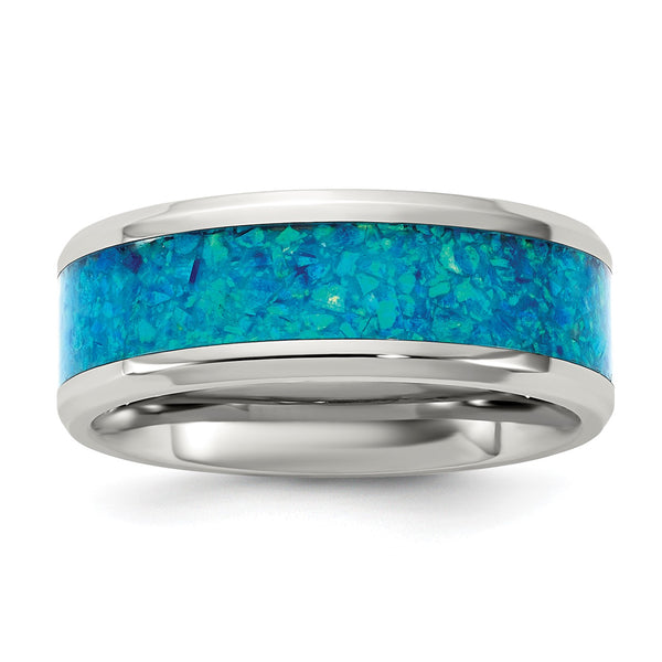 Lab-Created Opal Inlay Wedding Band in Stainless Steel, 8mm - Birthstone Company