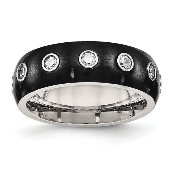 Stainless Steel Brushed and Polished Black IP CZ Half Round Ring - Birthstone Company