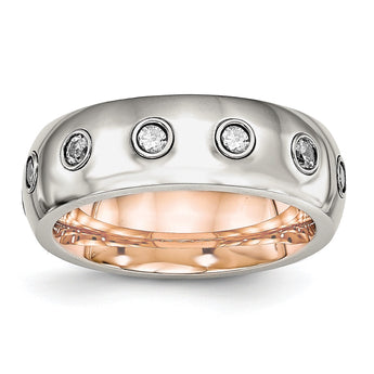 Stainless Steel Polished Rose IP CZ Half Round Ring - Birthstone Company