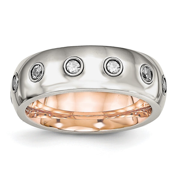 Stainless Steel Polished Rose IP CZ Half Round Ring - Birthstone Company