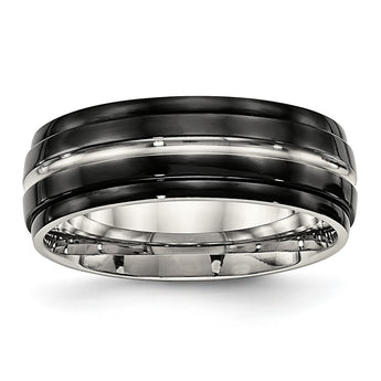 Stainless Steel Polished Black IP Ridged Edged Ring - Birthstone Company