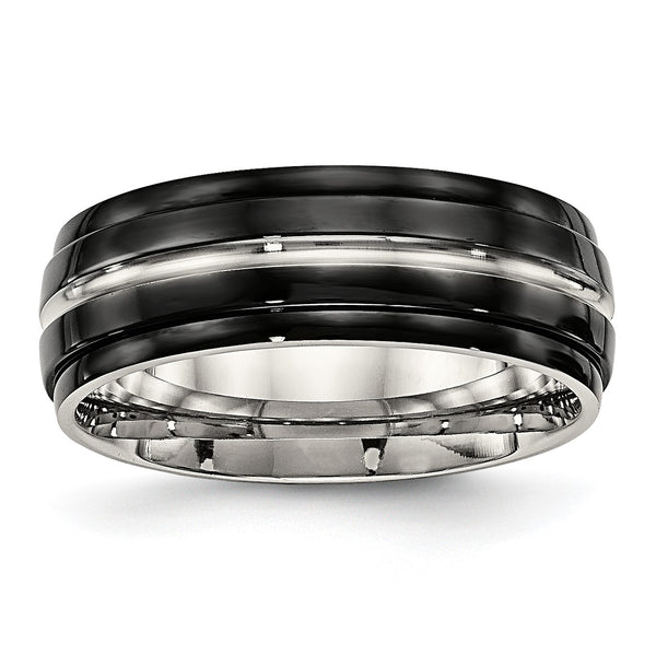 Stainless Steel Polished Black IP Ridged Edged Ring - Birthstone Company