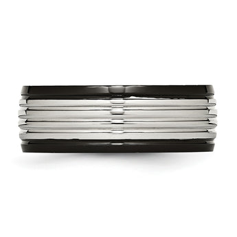 Stainless Steel Polished Black IP Grooved Ring - Birthstone Company