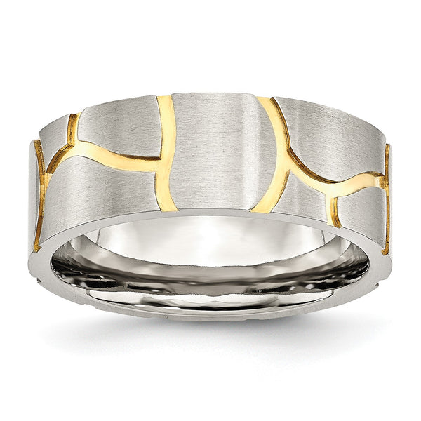 Stainless Steel Grooved Yellow IP-plated Mens 8mm Brushed Band - Birthstone Company