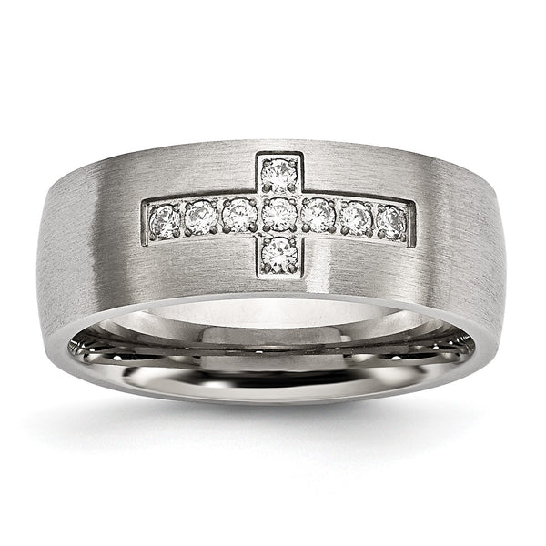 Stainless Steel Brushed CZ Cross Ring - Birthstone Company