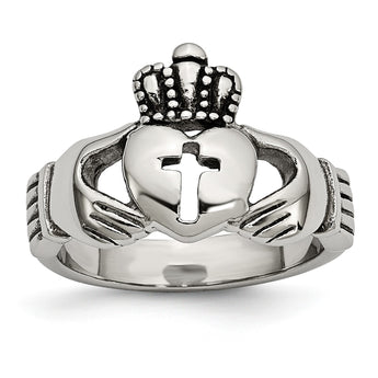 Stainless Steel Polished Antiqued Claddagh with Cross Ring - Birthstone Company