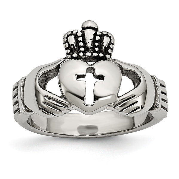 Stainless Steel Polished Antiqued Claddagh with Cross Ring - Birthstone Company