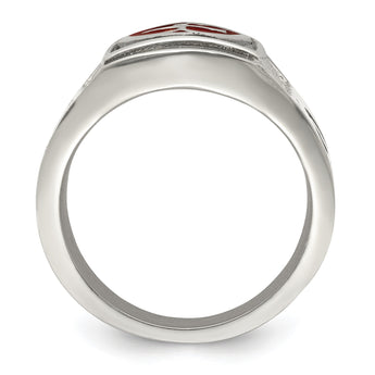 Stainless Steel Antiqued and Polished w/Red Enamel Cross/Shield Ring - Birthstone Company