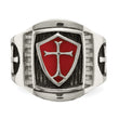 Stainless Steel Antiqued and Polished w/Red Enamel Cross/Shield Ring - Birthstone Company