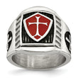 Stainless Steel Antiqued and Polished w/Red Enamel Cross/Shield Ring - Birthstone Company