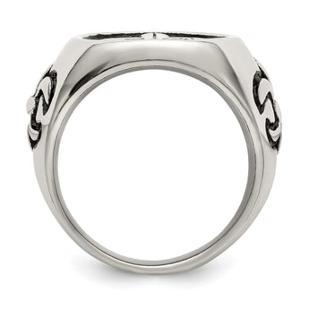 Stainless Steel Antiqued and Polished Fleur de Lis Cross Ring - Birthstone Company