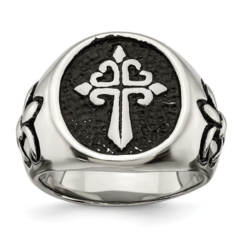 Stainless Steel Antiqued and Polished Fleur de Lis Cross Ring - Birthstone Company