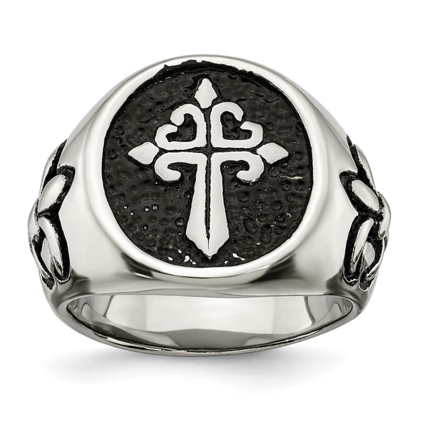 Stainless Steel Antiqued and Polished Fleur de Lis Cross Ring - Birthstone Company